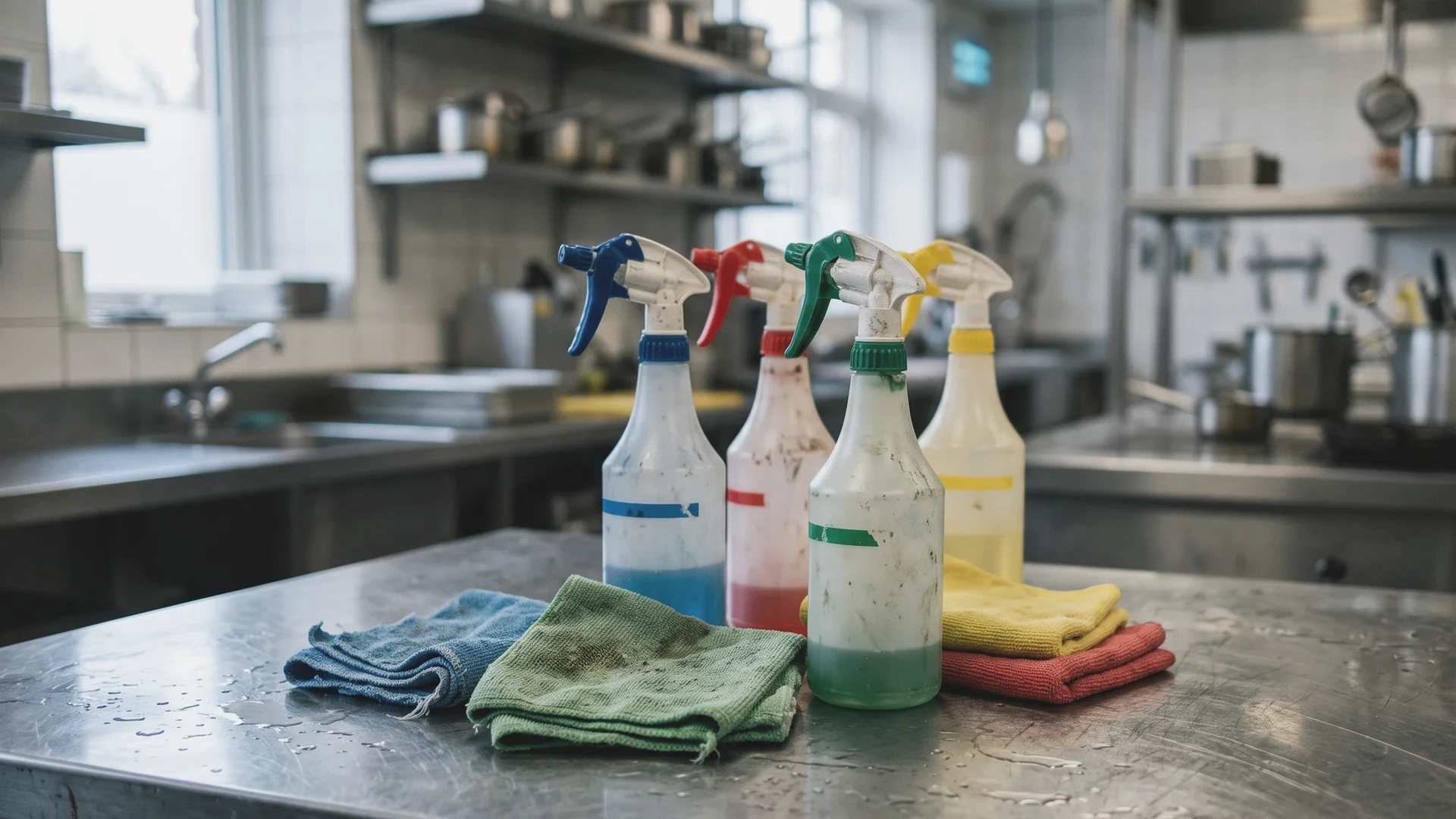 Bayetas de colores y botellas pulverizadoras de producto de limpieza sobre la encimera de acero de una cocina profesional al final del servicio